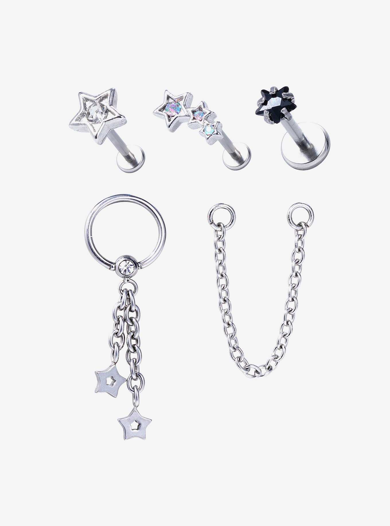 18G Steel Star Labret Stud & Captive Hoop 4 Pack With Chain, , hi-res