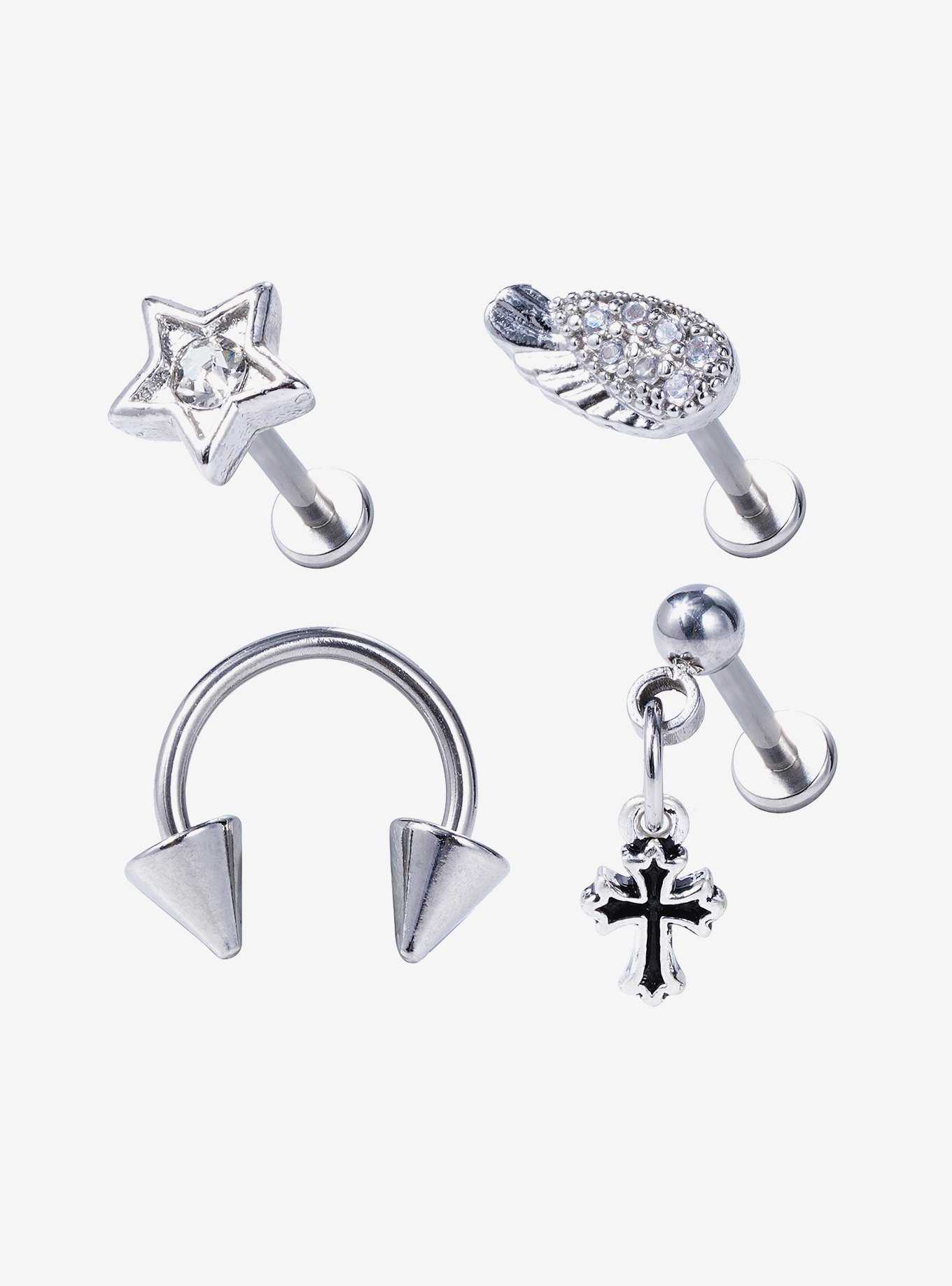 18G Steel Star Wing Labret Stud & Circular Hoop 4 Pack, , hi-res