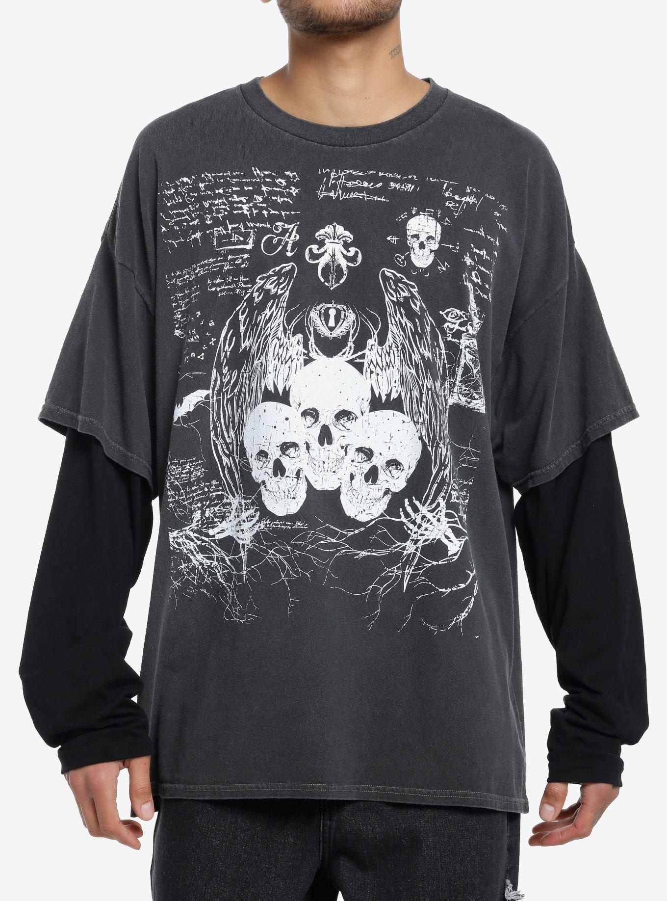 Social Collision Skulls Sketch Oversized Twofer Long-Sleeve T-Shirt, , hi-res