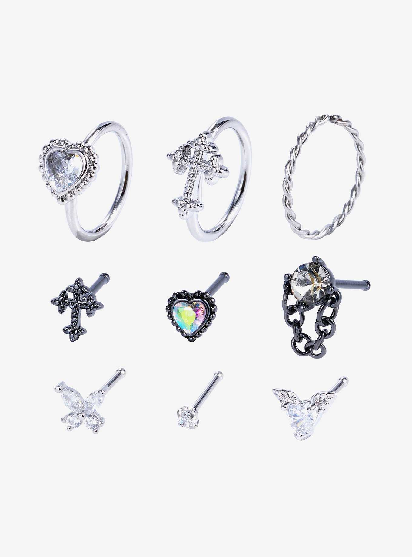 Steel Cross Heart Chain Nose Stud & Hoop 9 Pack, , hi-res