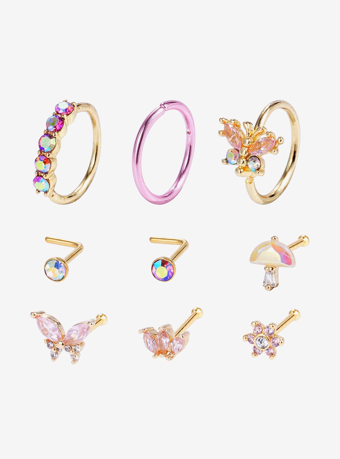 Steel Gold Butterfly Flower Nose Stud & Hoop 9 Pack
