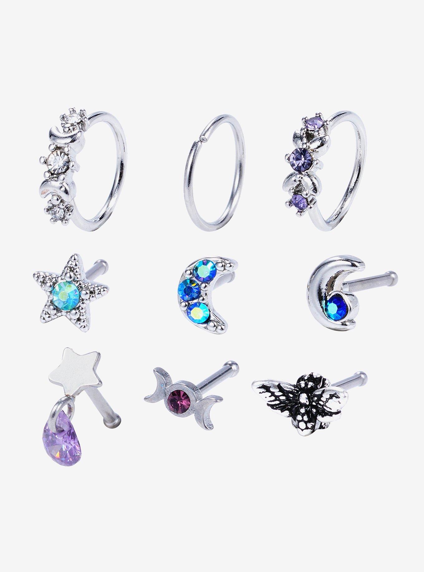 Steel Celestial Moth Gem Nose Stud & Hoop 9 Pack, , hi-res