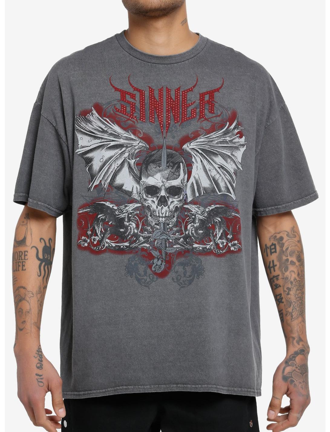 Social Collision® Sinner Rhinestone Skull Oversized T-Shirt, RED, hi-res