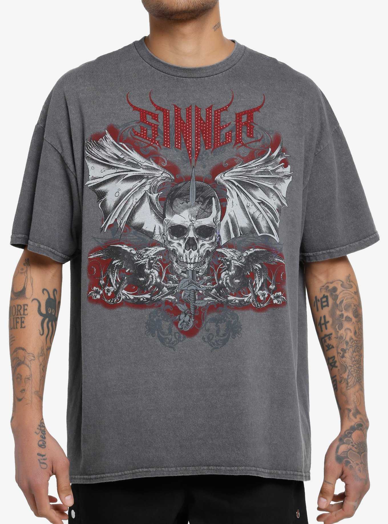 Social Collision® Sinner Rhinestone Skull Oversized T-Shirt, , hi-res