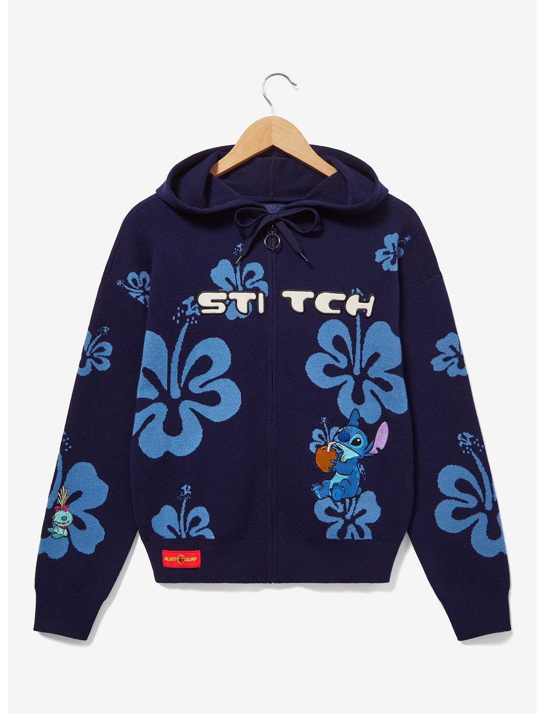 Her Universe Disney Lilo & Stitch Hibiscus Flower Stitch Knit Zippered Hoodie - BoxLunch Exclusive, NAVY, hi-res