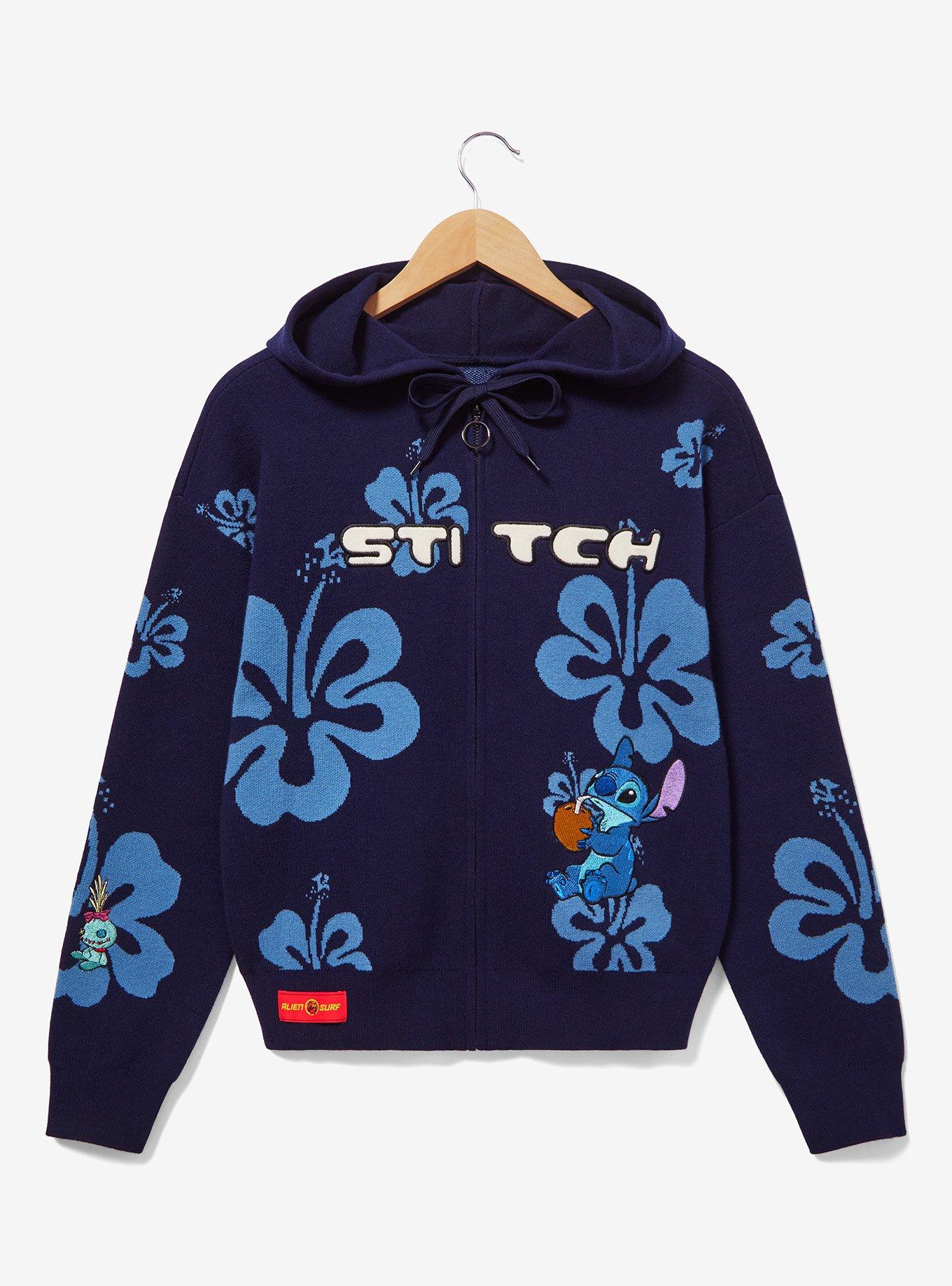 Her Universe Disney Lilo & Stitch Hibiscus Flower Stitch Knit Zippered Hoodie - BoxLunch Exclusive, NAVY, hi-res