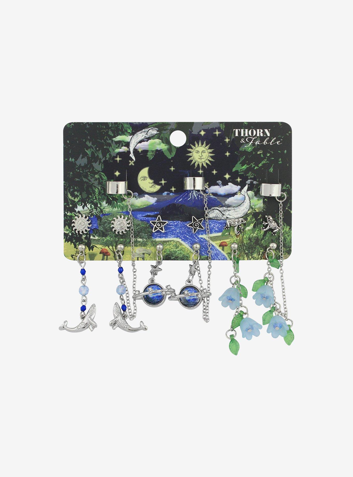 Thorn & Fable Blue Flower Planet Cuff Earring Set, , hi-res