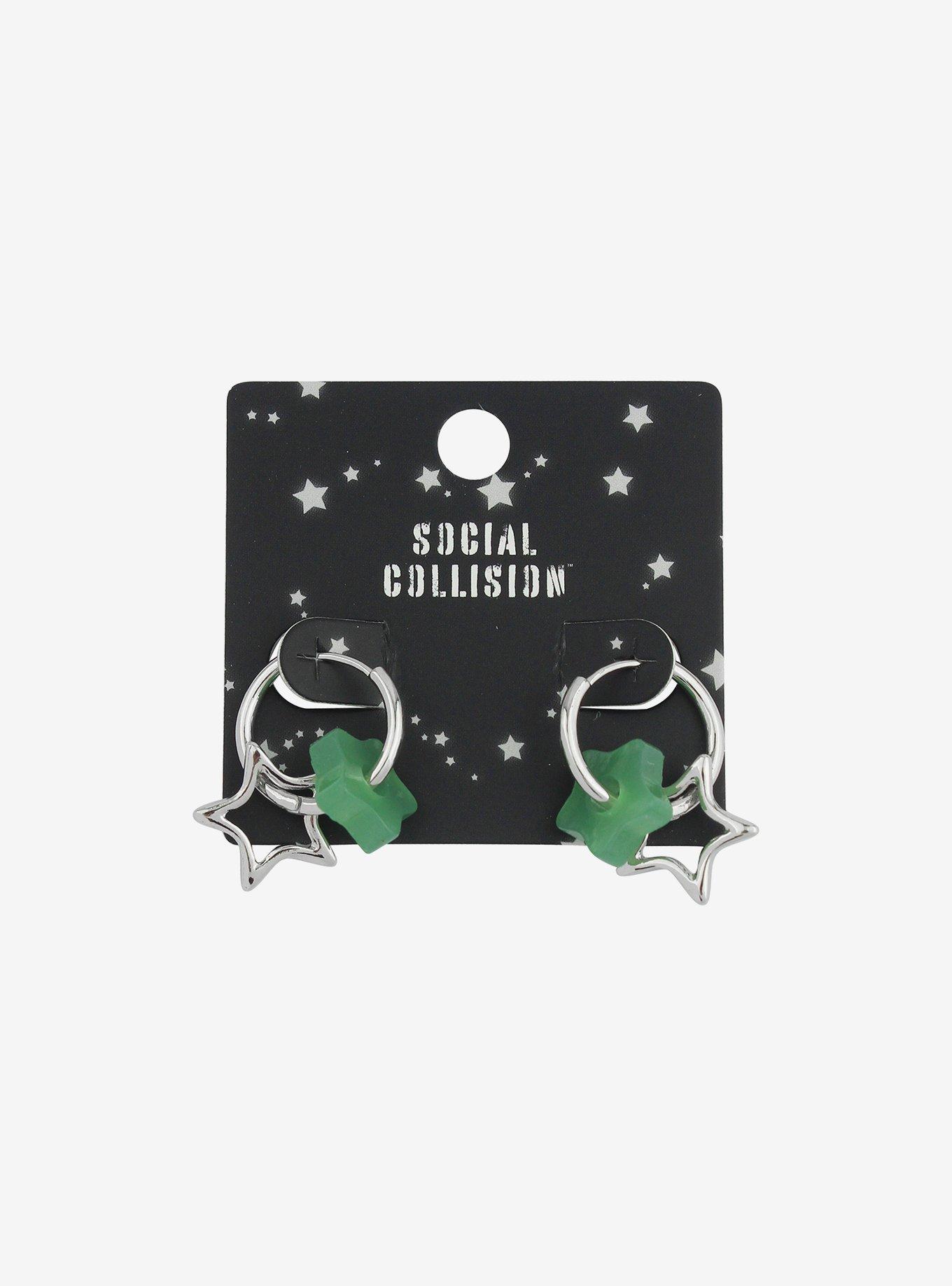 Social Collision Green Star Huggie Hoops, , hi-res