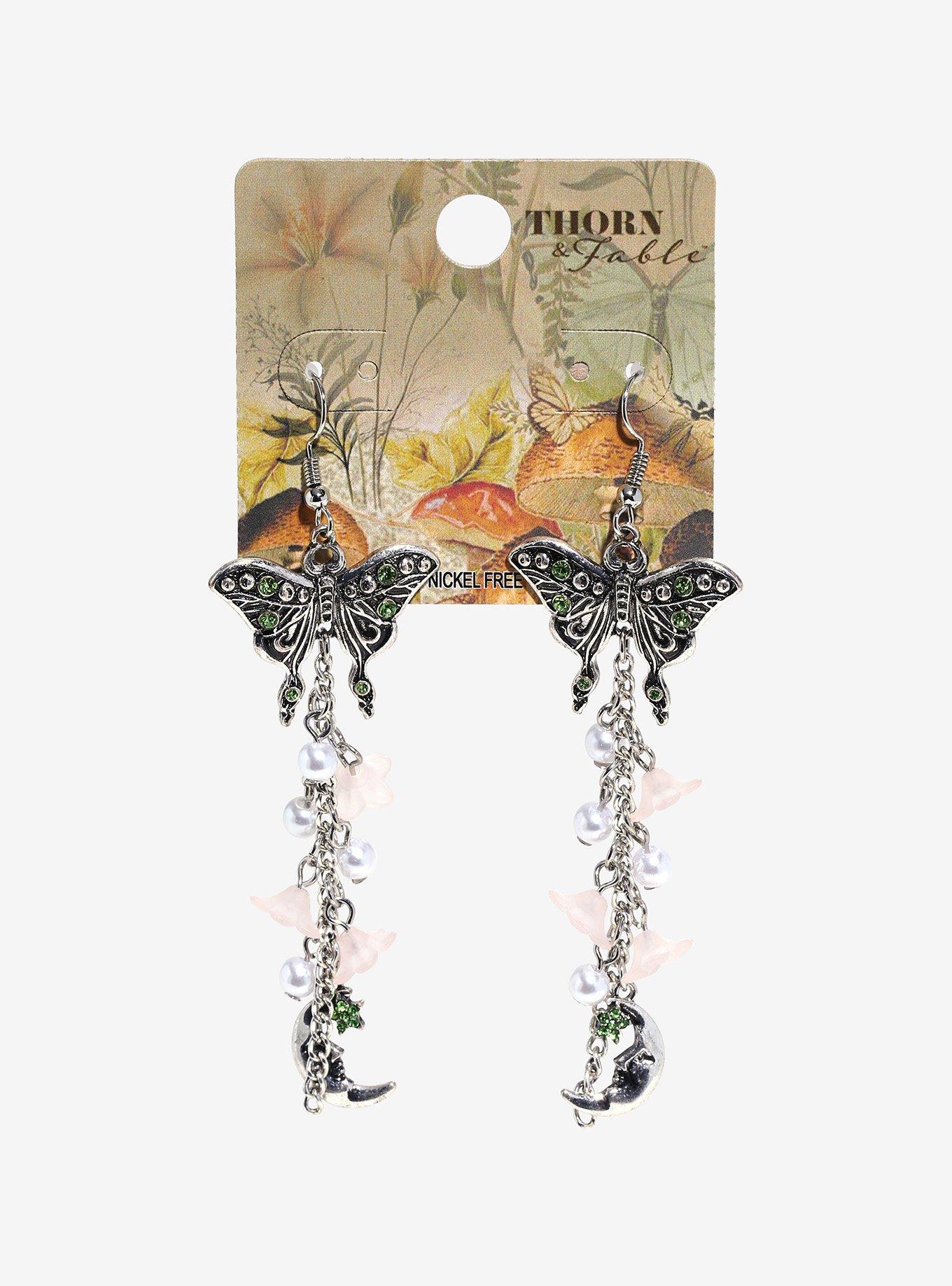 Thorn & Fable Butterfly Flower Moon Drop Earrings | Hot Topic