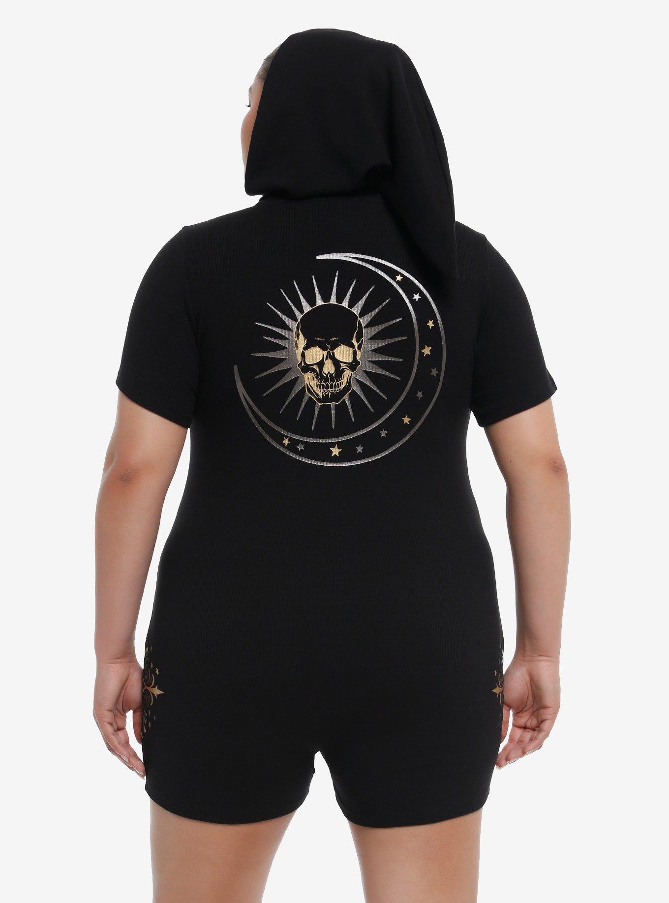 Cosmic Aura Celestial Skull Hooded Romper Plus Size, , hi-res