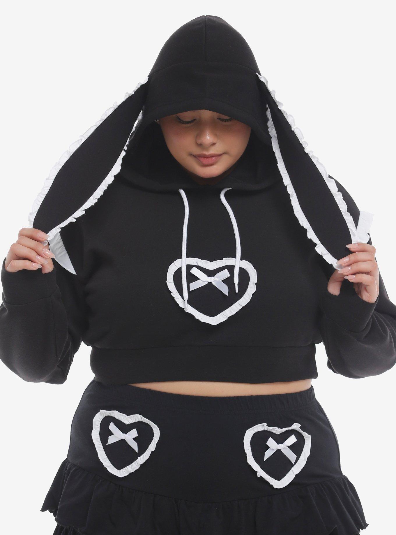 Sweet Society® Black & White Ruffle Bunny Ear Girls Crop Hoodie Plus Size, , hi-res