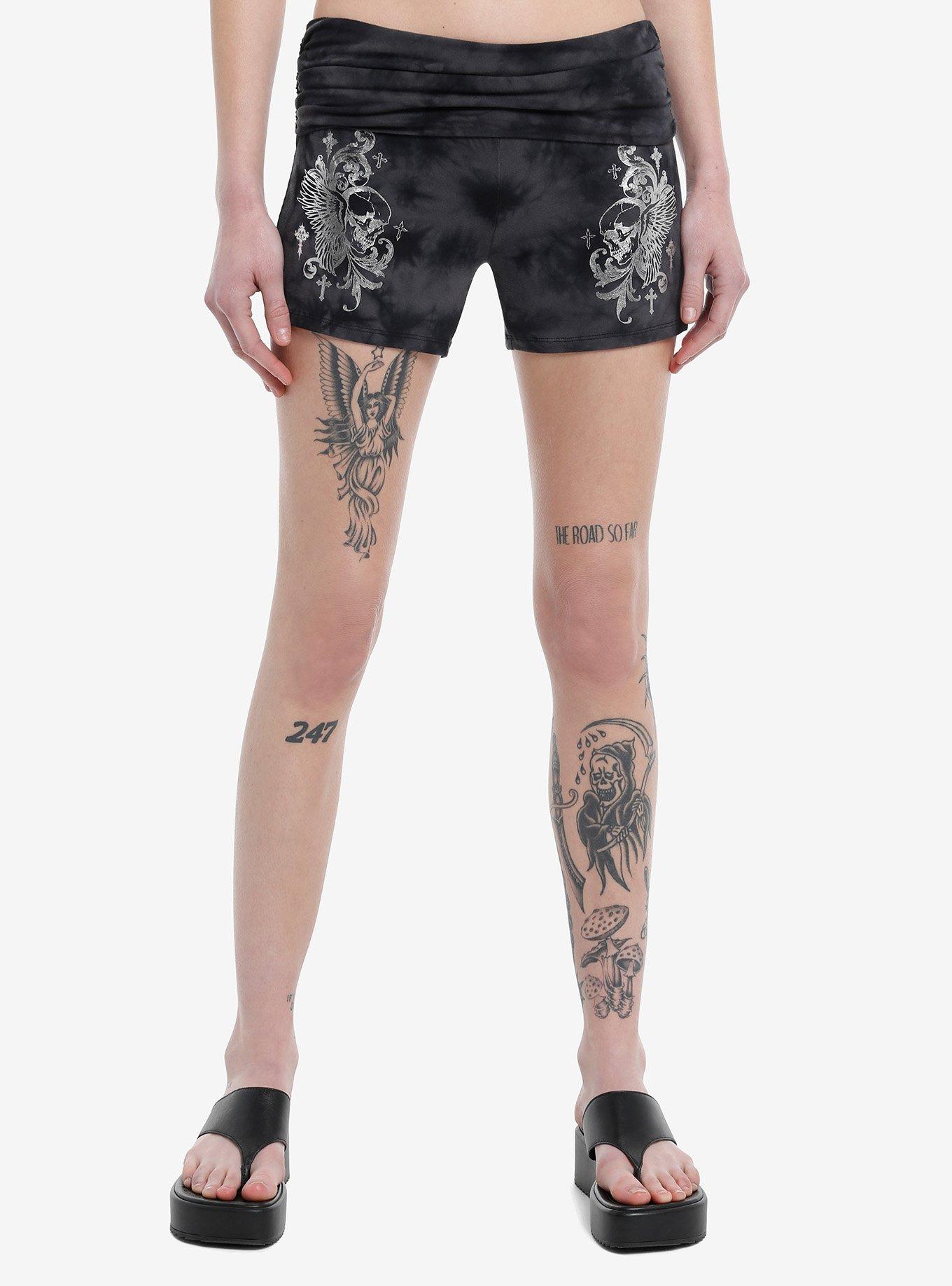 Social Collision Skull Wings Dark Wash Ruched Lounge Shorts, MULTI, hi-res