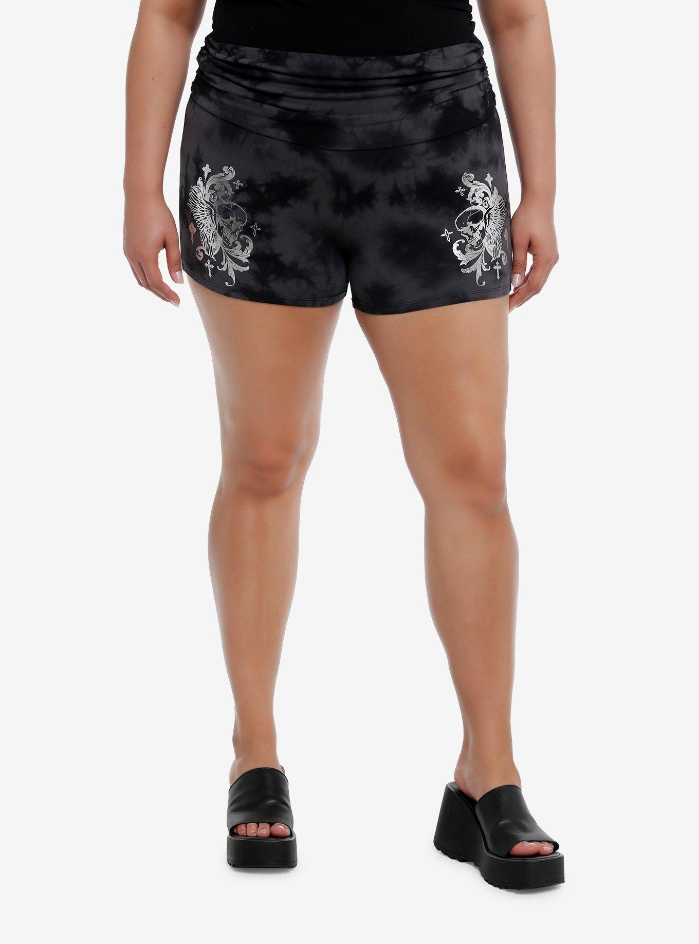 Skull Wings Dark Wash Ruched Lounge Shorts Plus Size, , hi-res