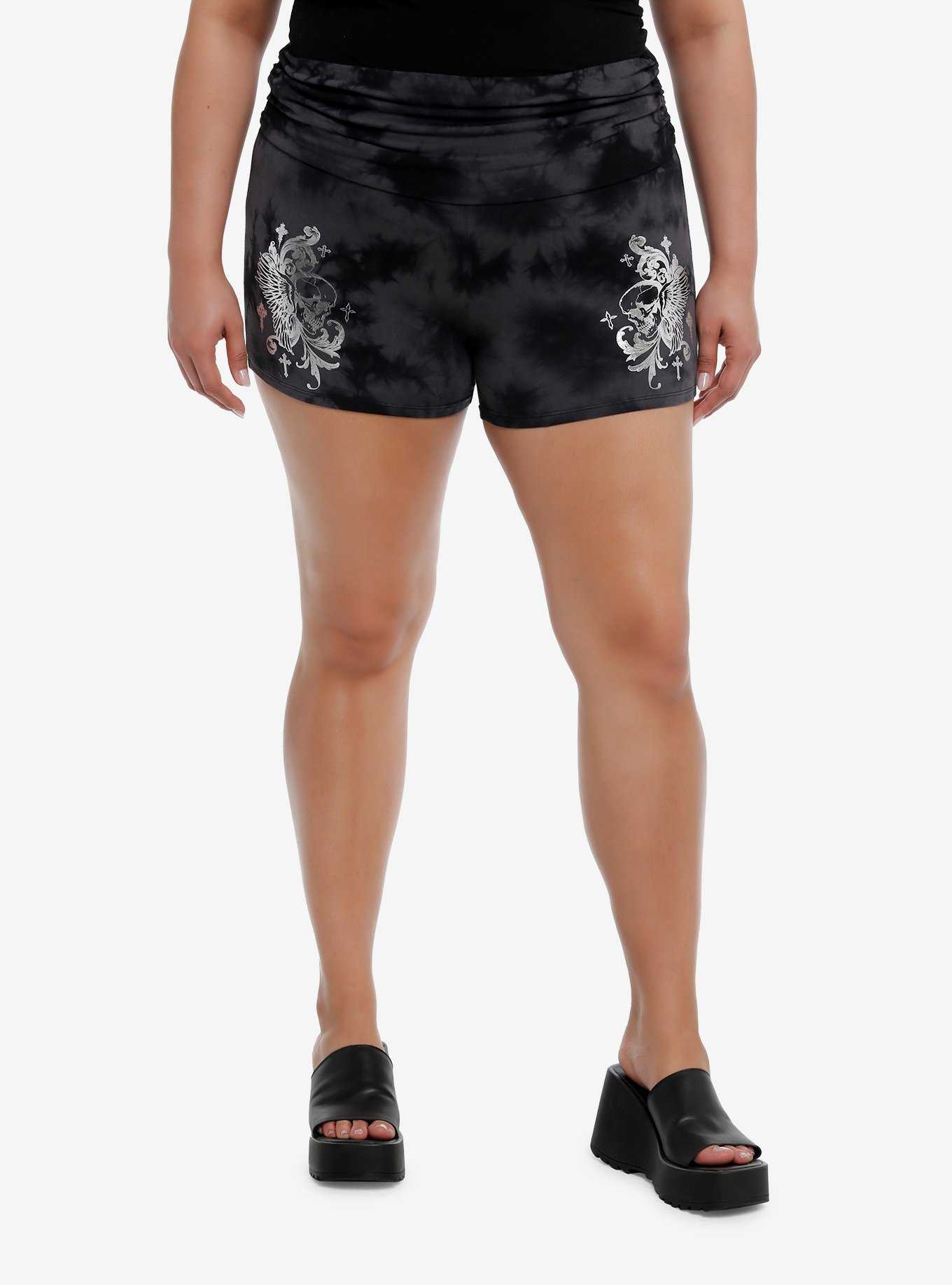 Social Collision® Skull Wings Dark Wash Ruched Lounge Shorts Plus Size, , hi-res