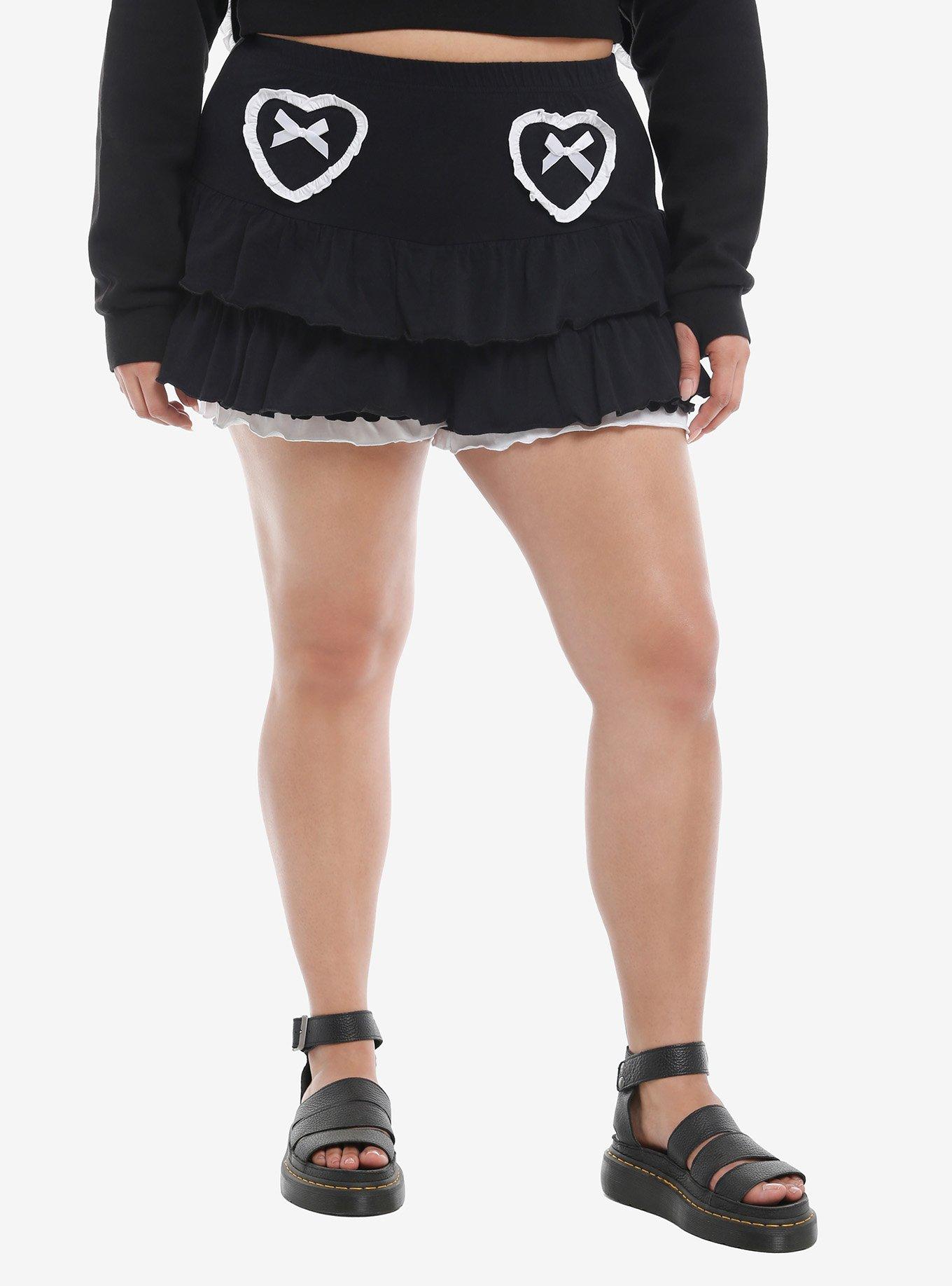 Sweet Society® Black & White Ruffle Lolita Girls Lounge Shorts Plus Size, BLACK, hi-res