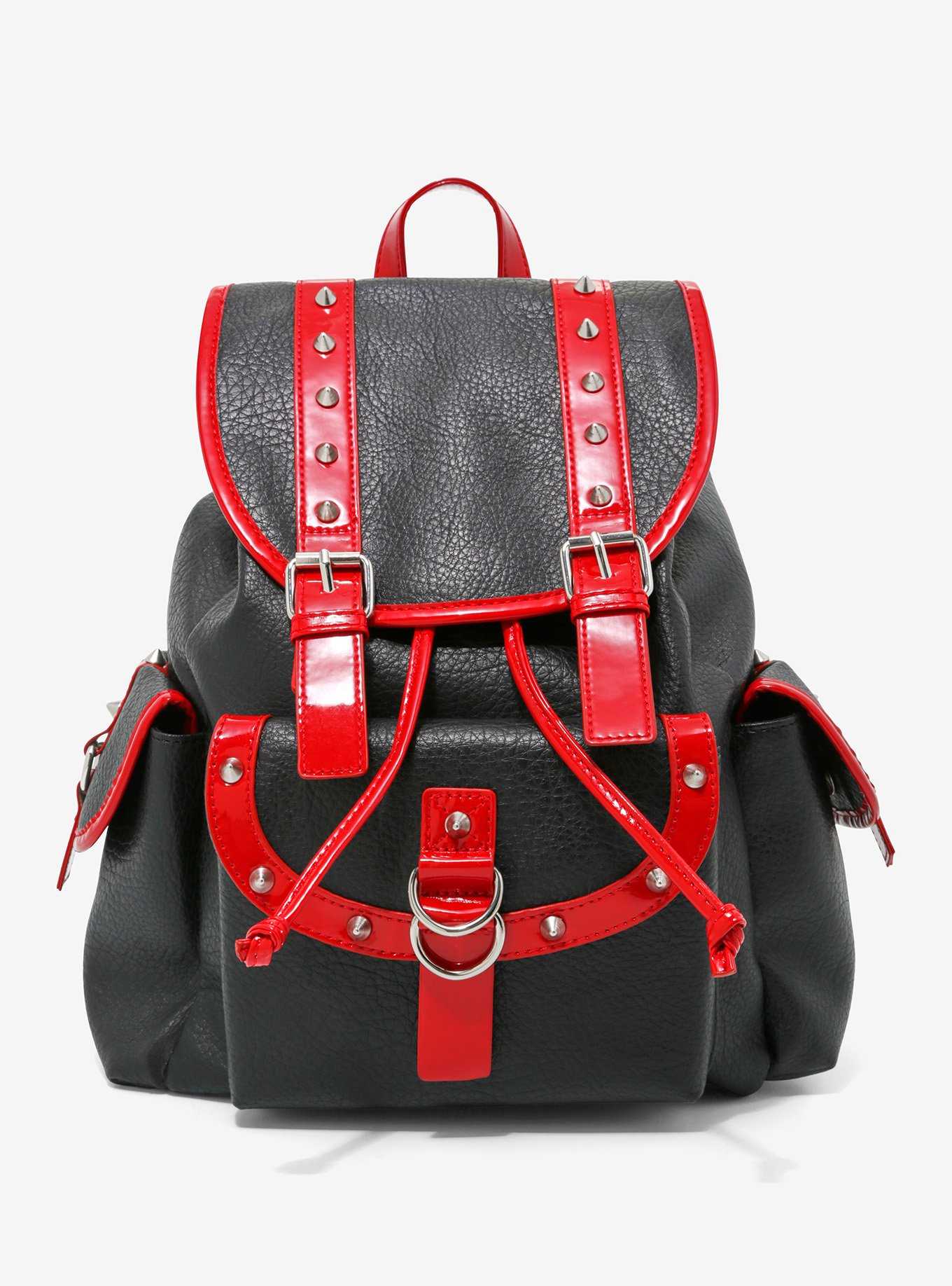 Red & Black Spike Faux Leather Slouch Backpack, , hi-res