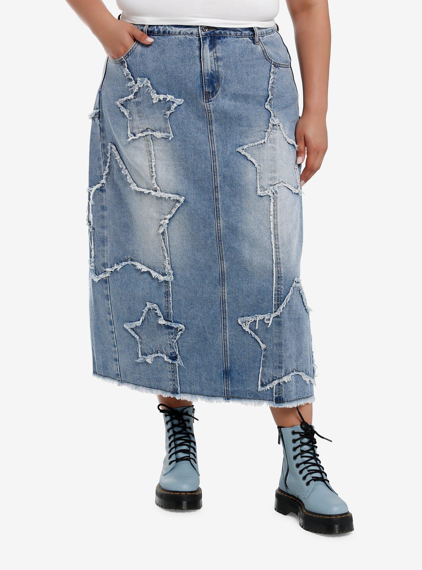 Social Collision Star Patches Denim Midaxi Skirt Plus Size, , hi-res