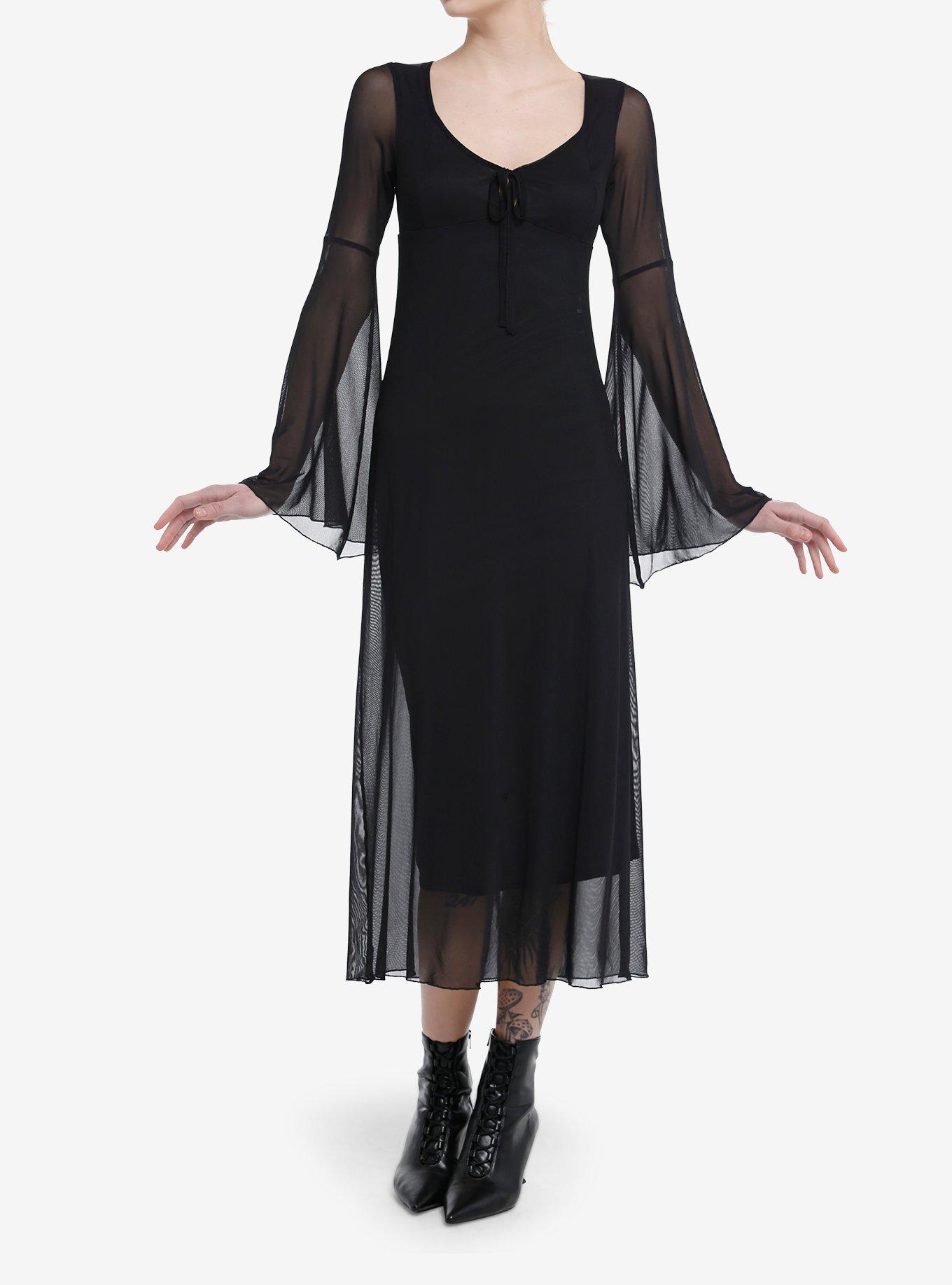 Cosmic Aura Black Mesh Bell Sleeve Midaxi Dress