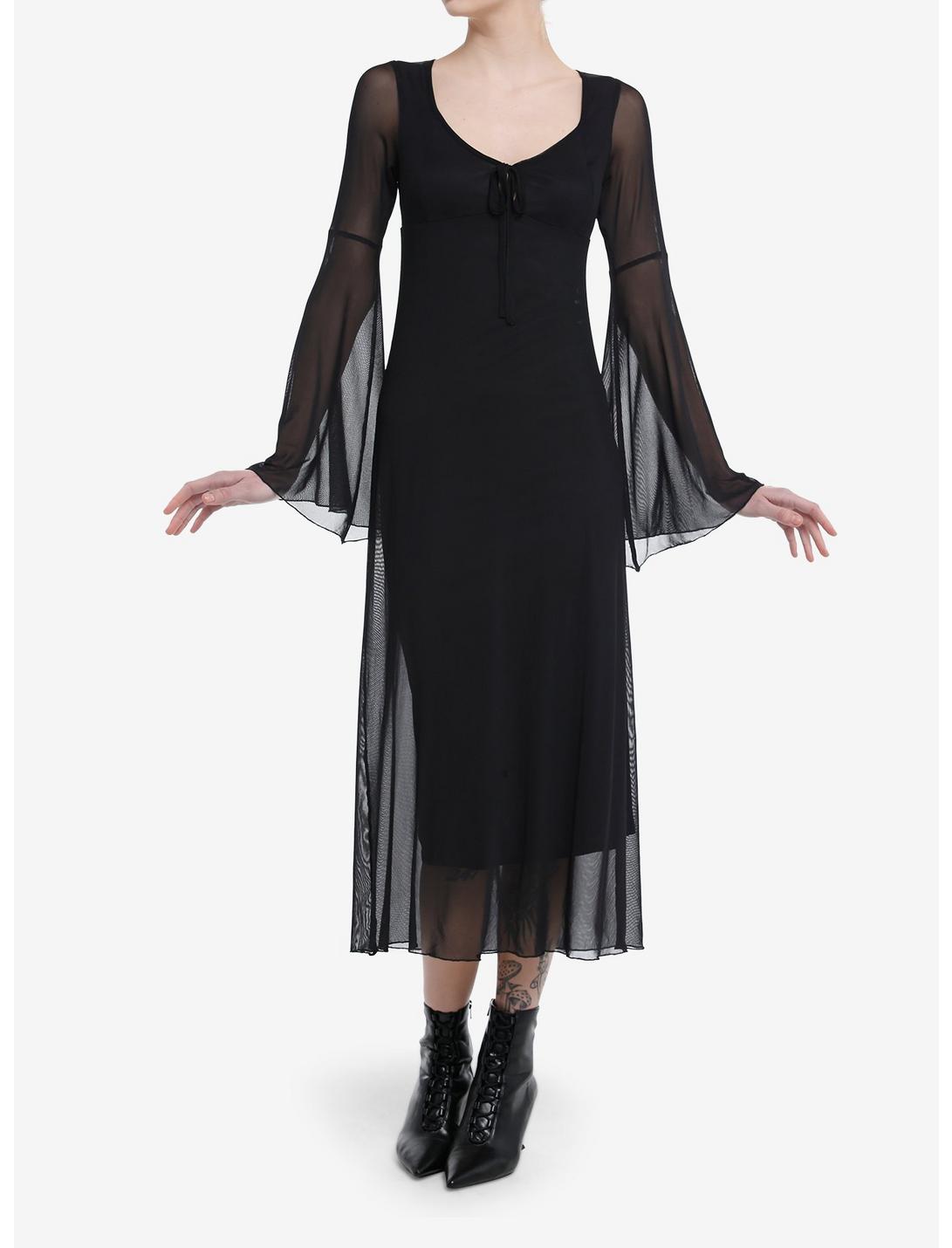 Cosmic Aura Black Mesh Bell Sleeve Midaxi Dress, BLACK, hi-res