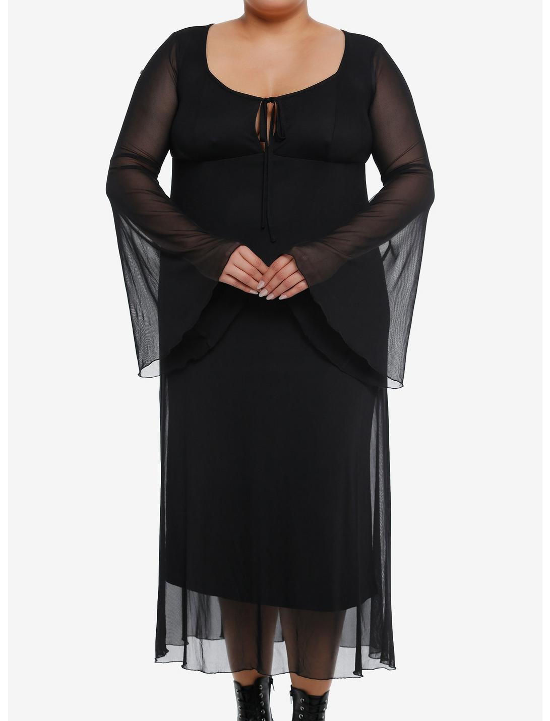 Cosmic Aura Black Mesh Bell Sleeve Midaxi Dress Plus Size, BLACK, hi-res