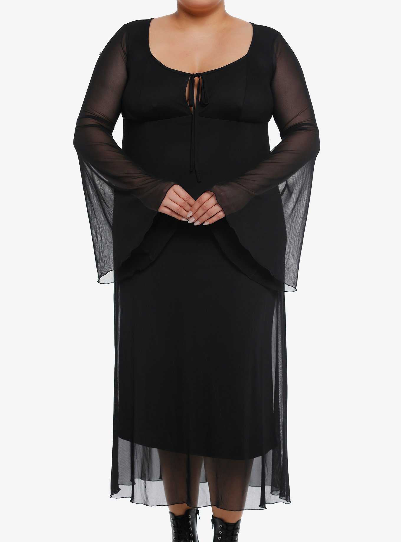 Cosmic Aura Black Mesh Bell Sleeve Midaxi Dress Plus Size, , hi-res
