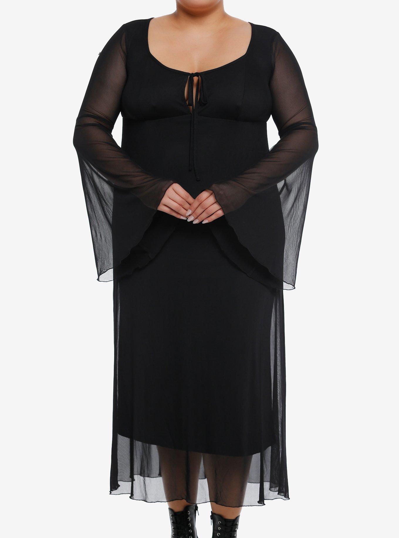 Cosmic Aura Black Mesh Bell Sleeve Midaxi Dress Plus Size, , hi-res