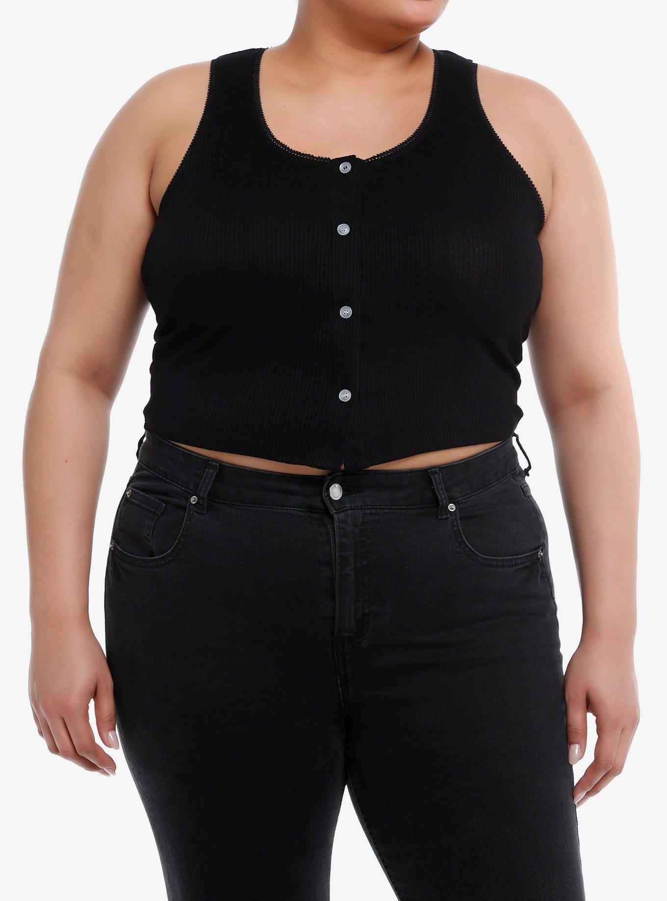 Black Lace Ribbed Girls Tank Top Plus Size, , hi-res