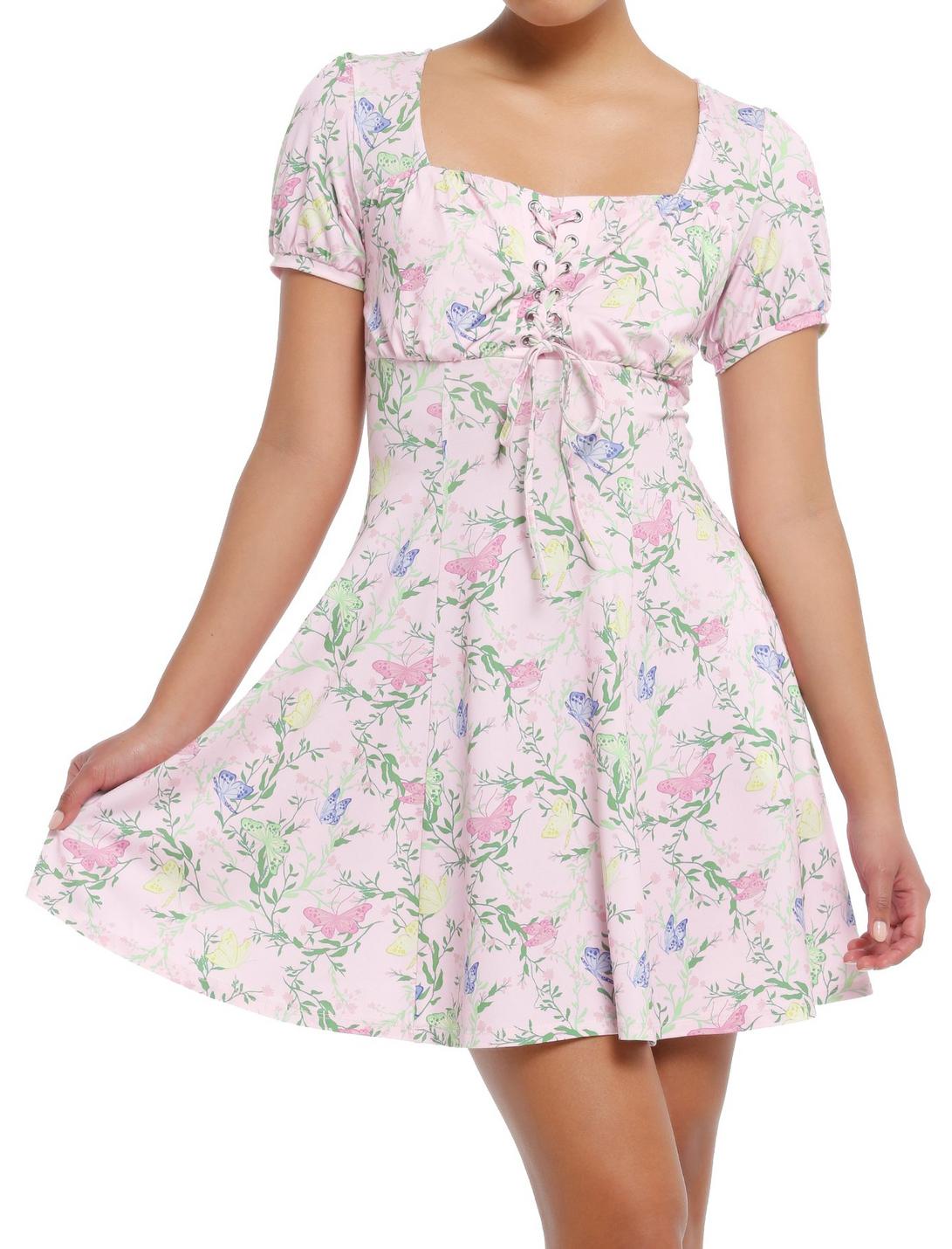 Thorn & Fable Pink Floral Butterfly Empire Dress, MULTI, hi-res