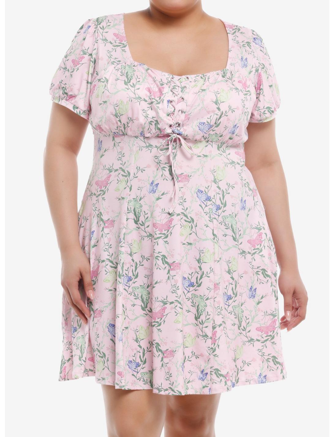 Thorn & Fable Pink Floral Butterfly Empire Dress Plus Size, MULTI, hi-res