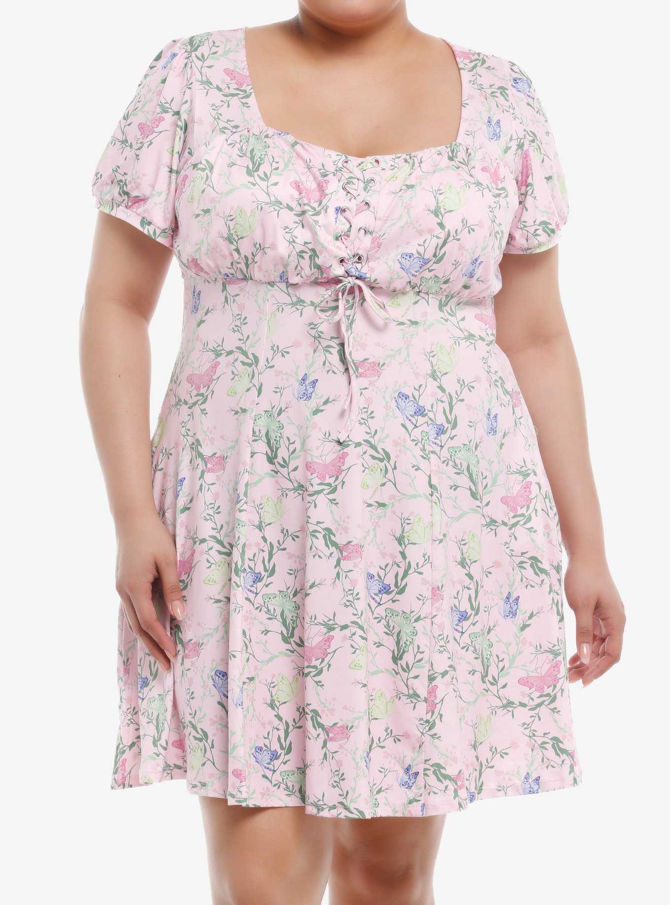 Thorn & Fable Pink Floral Butterfly Empire Dress Plus Size, , hi-res