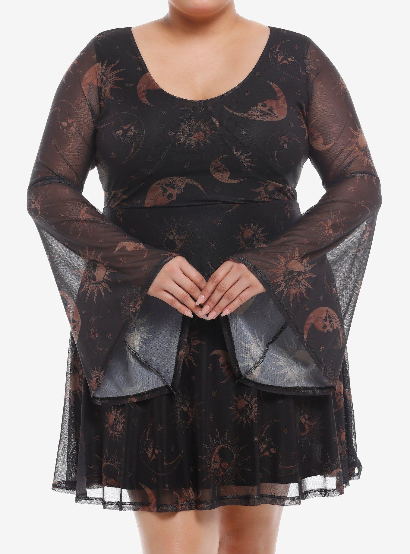 Cosmic Aura® Skull Celestial Mesh Bell-Sleeve Dress Plus Size, , hi-res