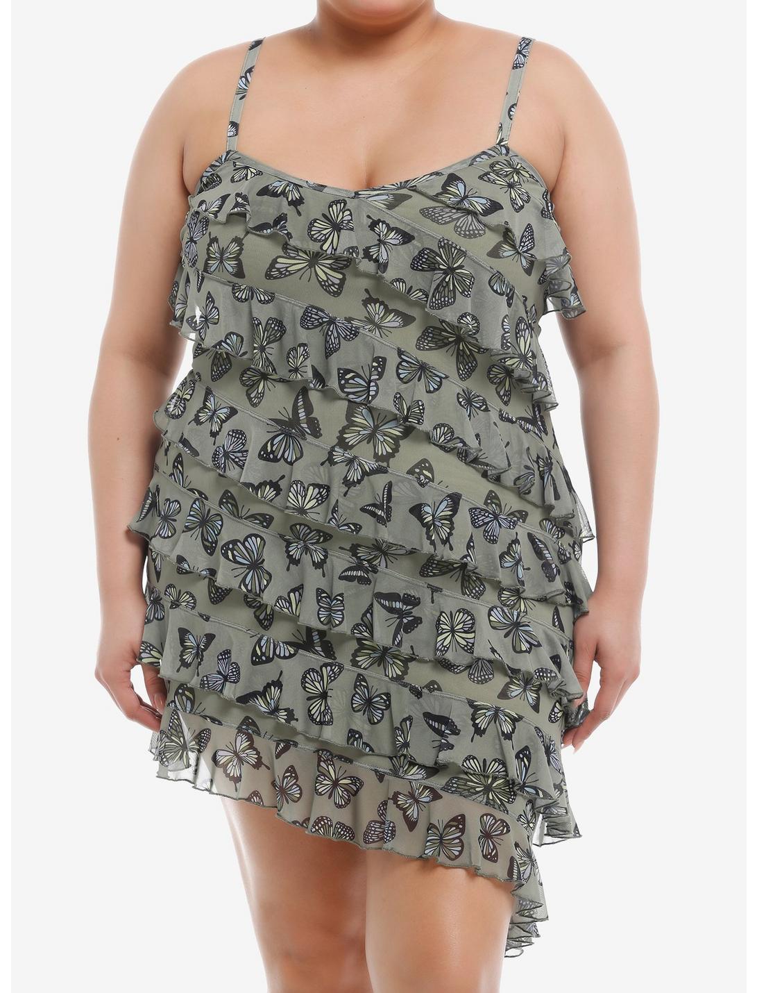 Thorn & Fable® Olive Butterfly Ruffle Cami Dress Plus Size, MULTI, hi-res