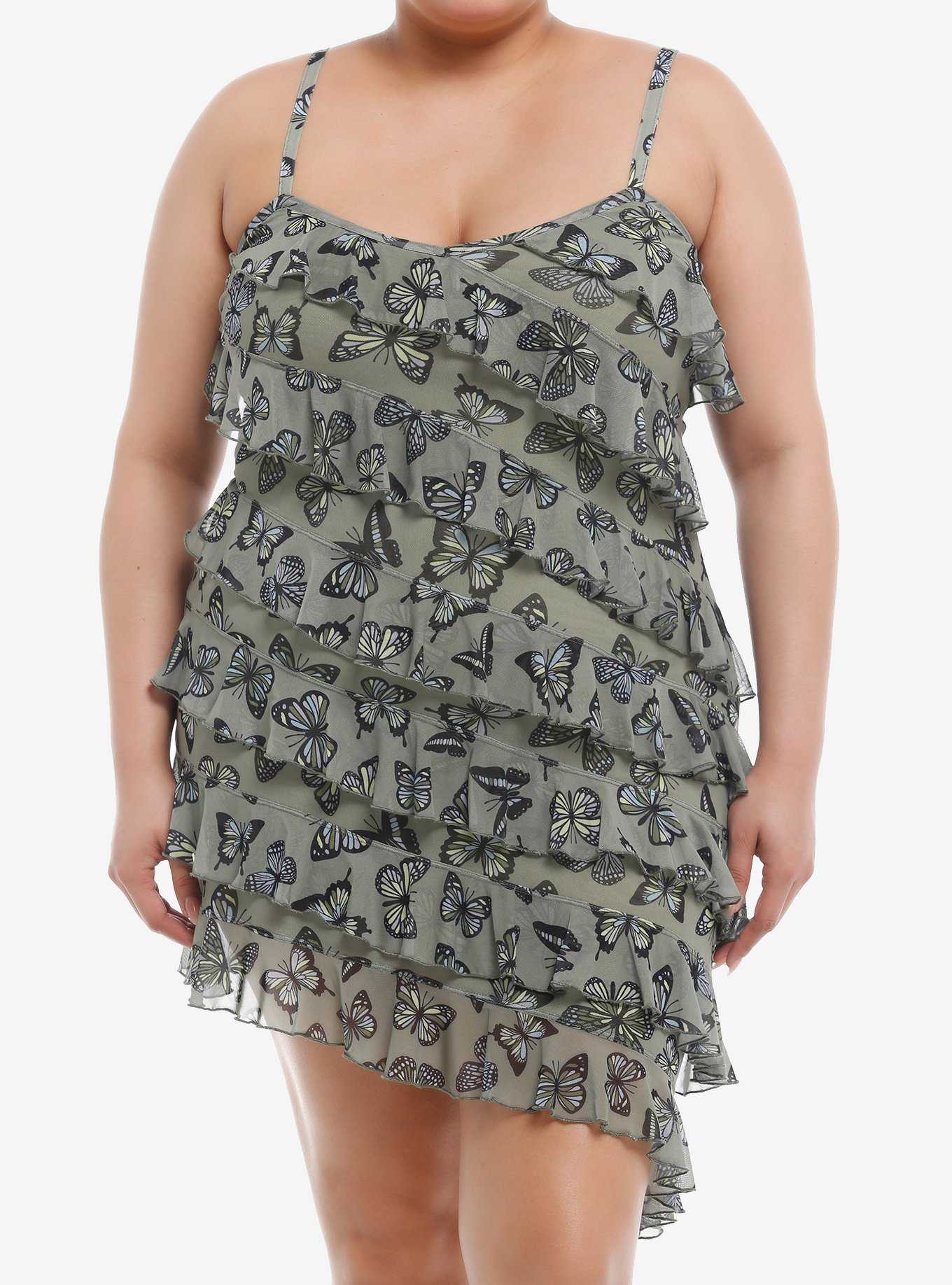 Thorn & Fable® Olive Butterfly Ruffle Cami Dress Plus Size, , hi-res