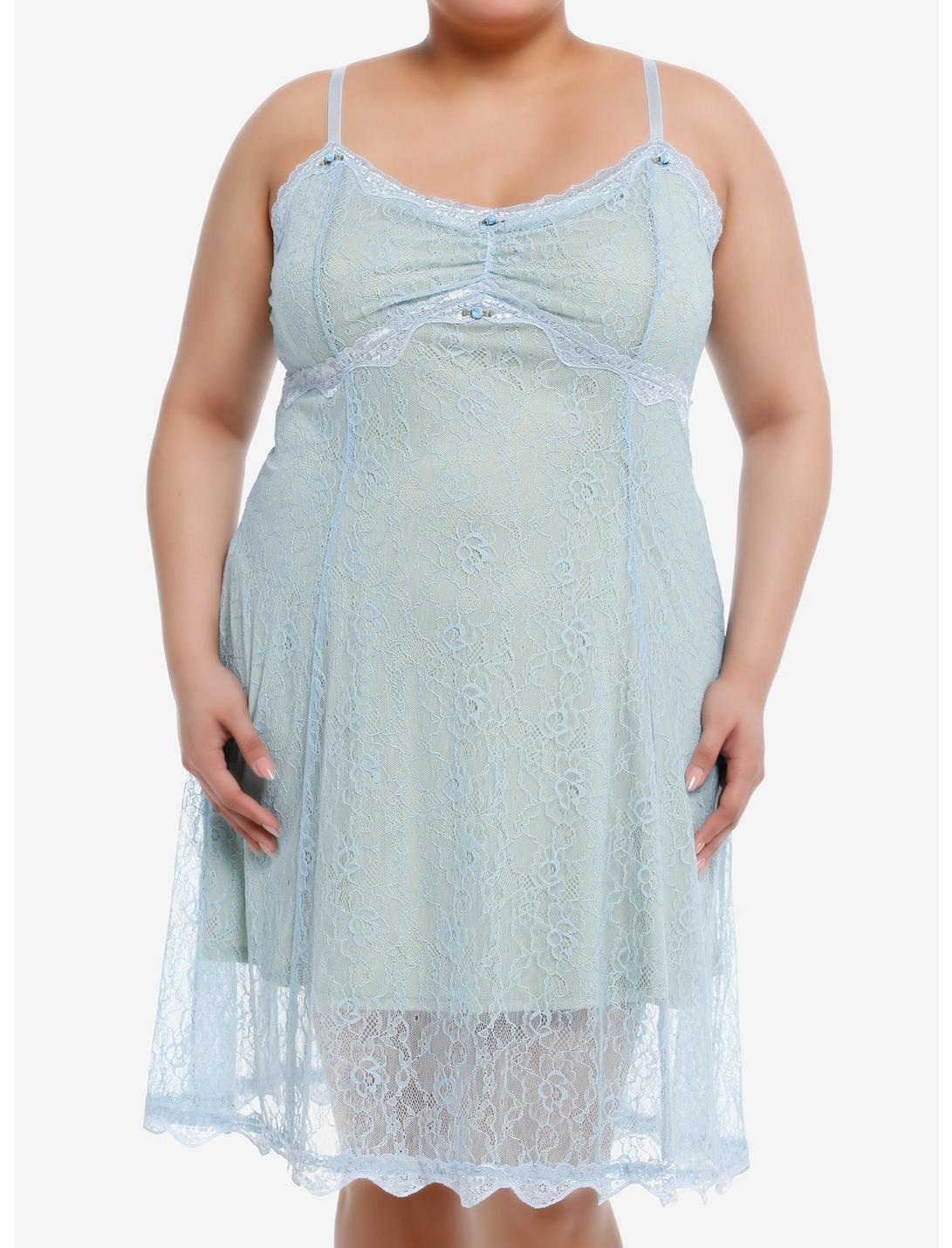 Thorn & Fable® Baby Blue Rosette Lace Cami Dress Plus Size, GREEN, hi-res