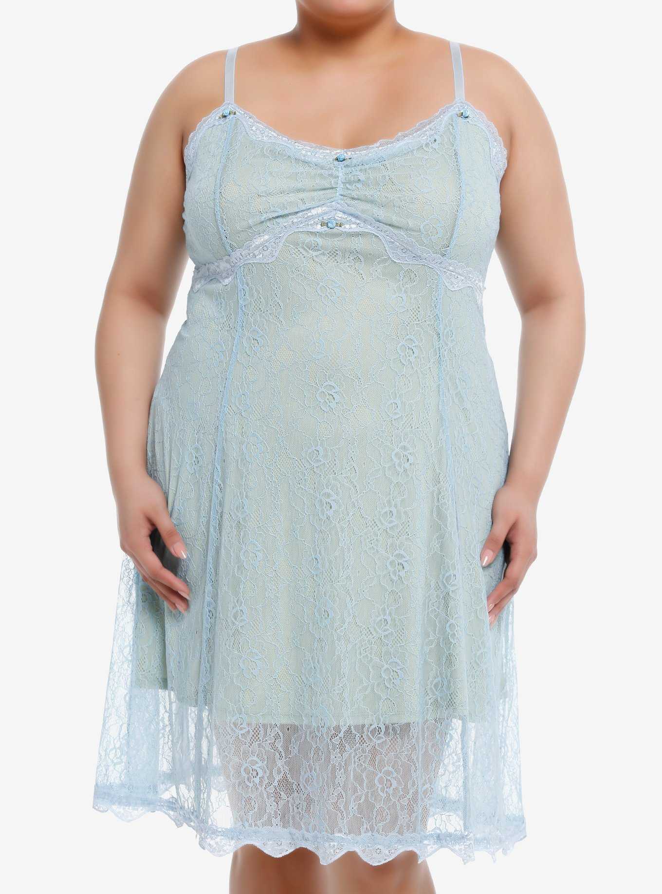 Thorn & Fable® Baby Blue Rosette Lace Cami Dress Plus Size, , hi-res