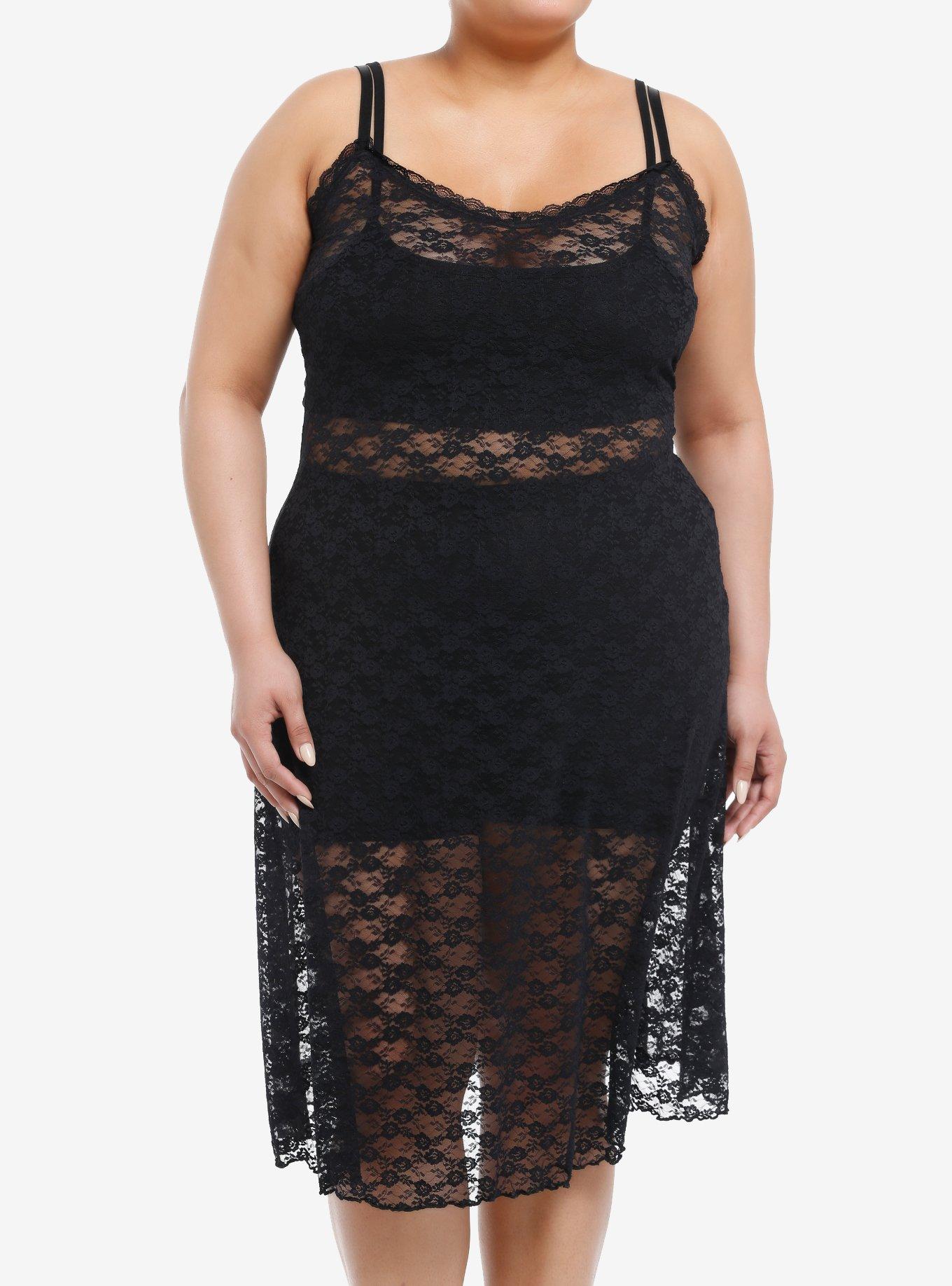 Cosmic Aura® Black Lace Sheer Cami Slip Dress Plus Size, BLACK, hi-res