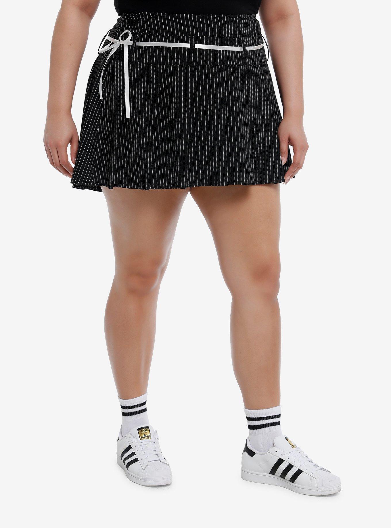 Sweet Society® Black & White Pleated Pinstripe Ribbon Skirt Plus Size, , hi-res