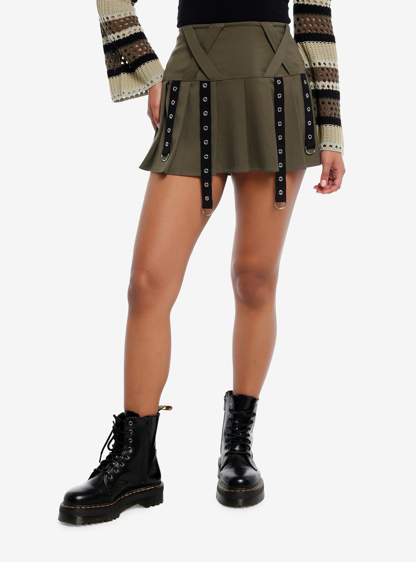 Social Collision® Olive Grommet Tape Wide Yoke Skirt, , hi-res