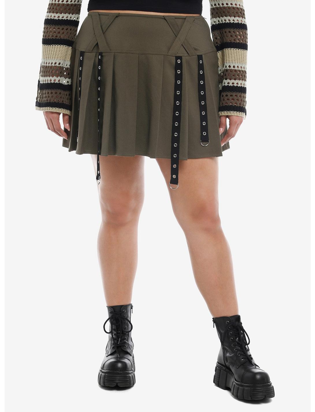 Social Collision® Olive Grommet Tape Wide Yoke Skirt Plus Size, BLACK, hi-res
