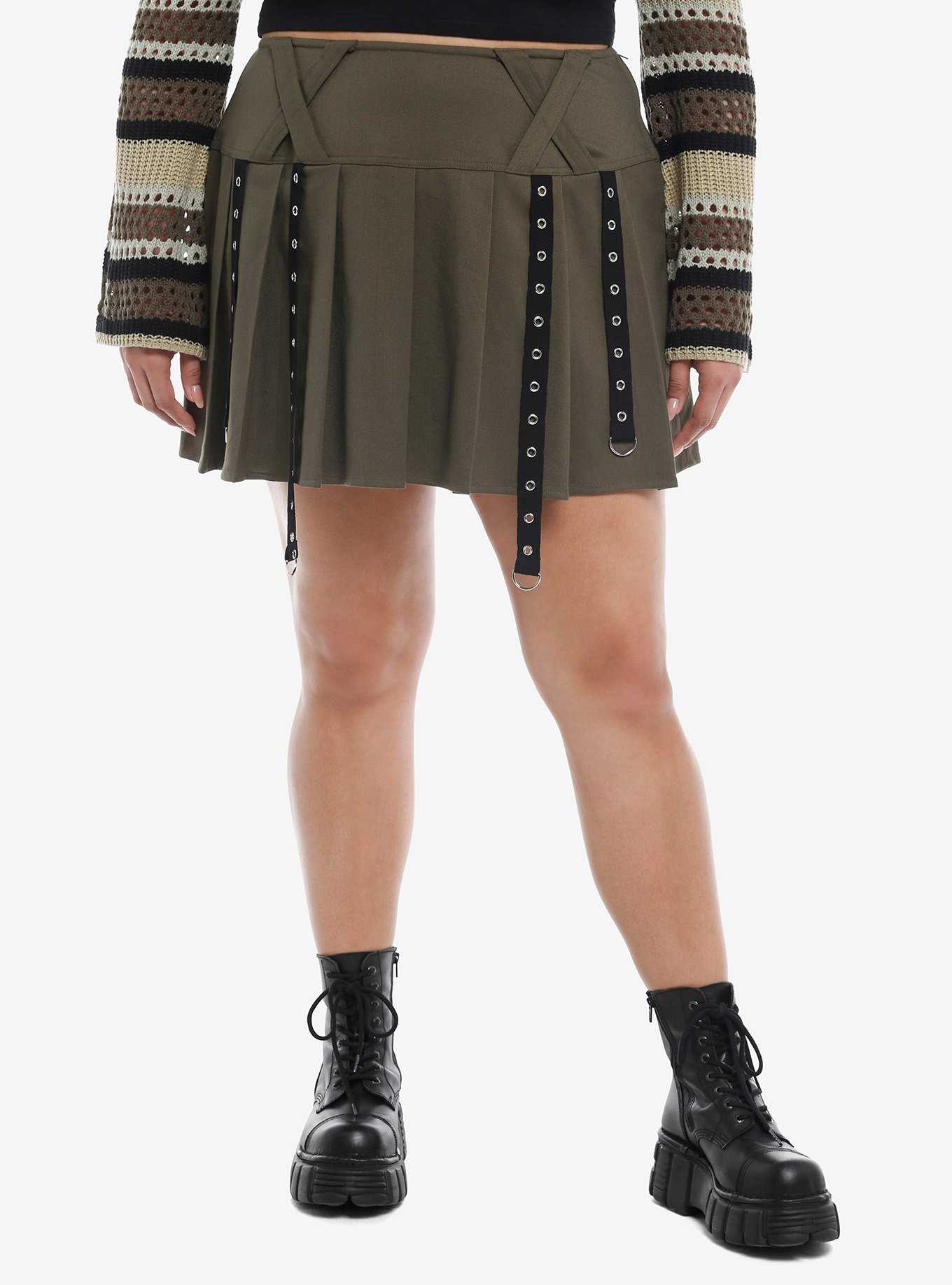 Social Collision® Olive Grommet Tape Wide Yoke Skirt Plus Size, , hi-res