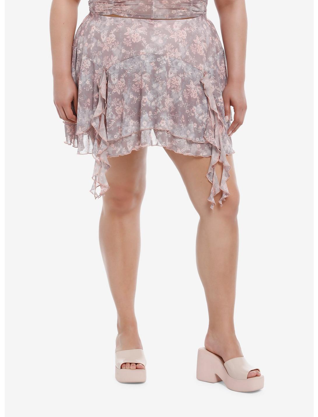 Thorn & Fable Pink & Brown Floral Hanky Hem Mesh Skirt Plus Size, PINK, hi-res