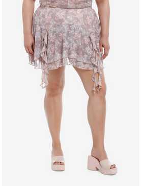 Thorn & Fable Pink & Brown Floral Hanky Hem Mesh Skirt Plus Size, , hi-res
