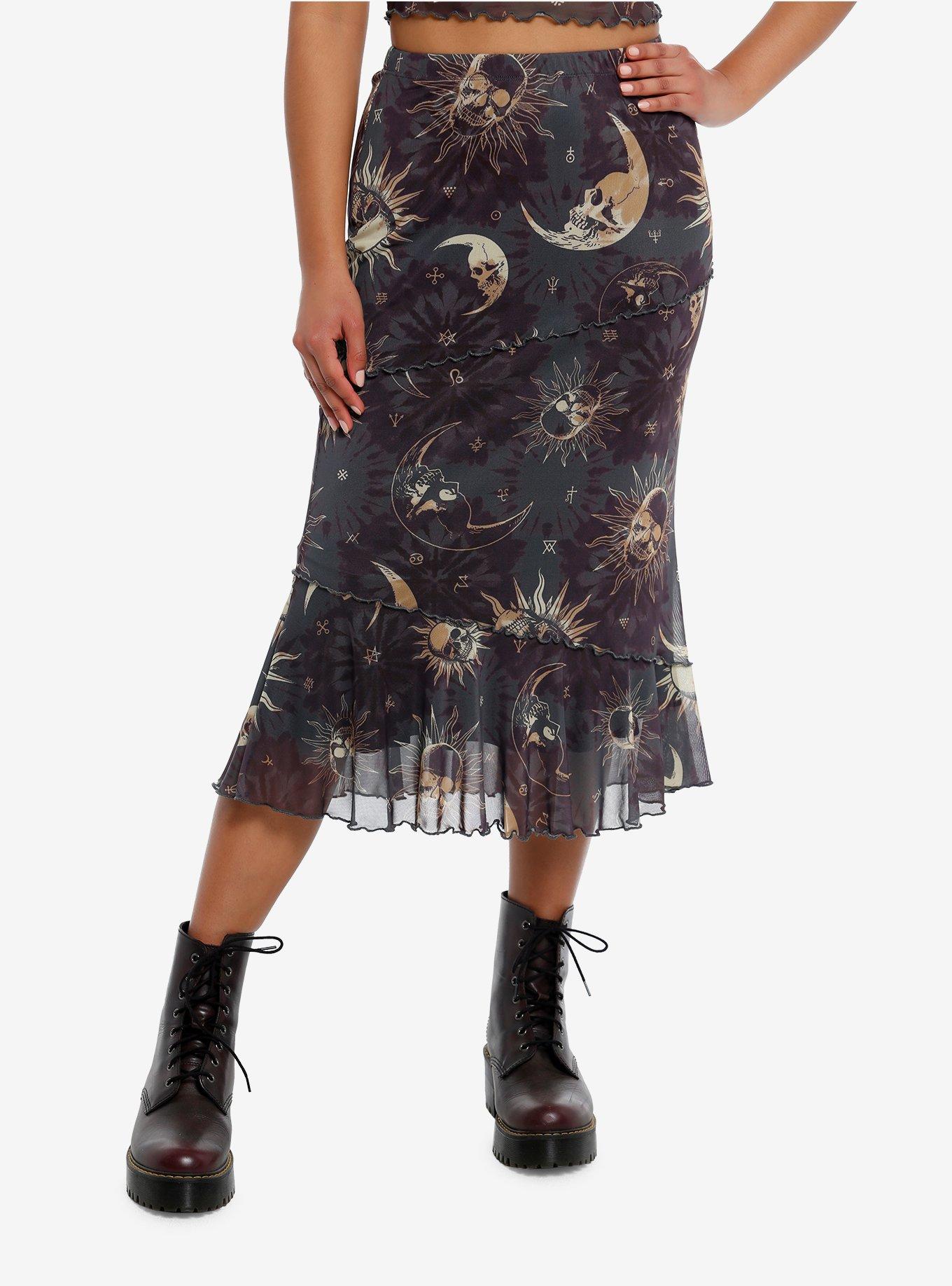 Cosmic Aura® Celestial Skull Asymmetrical Midi Skirt, GOLD, hi-res