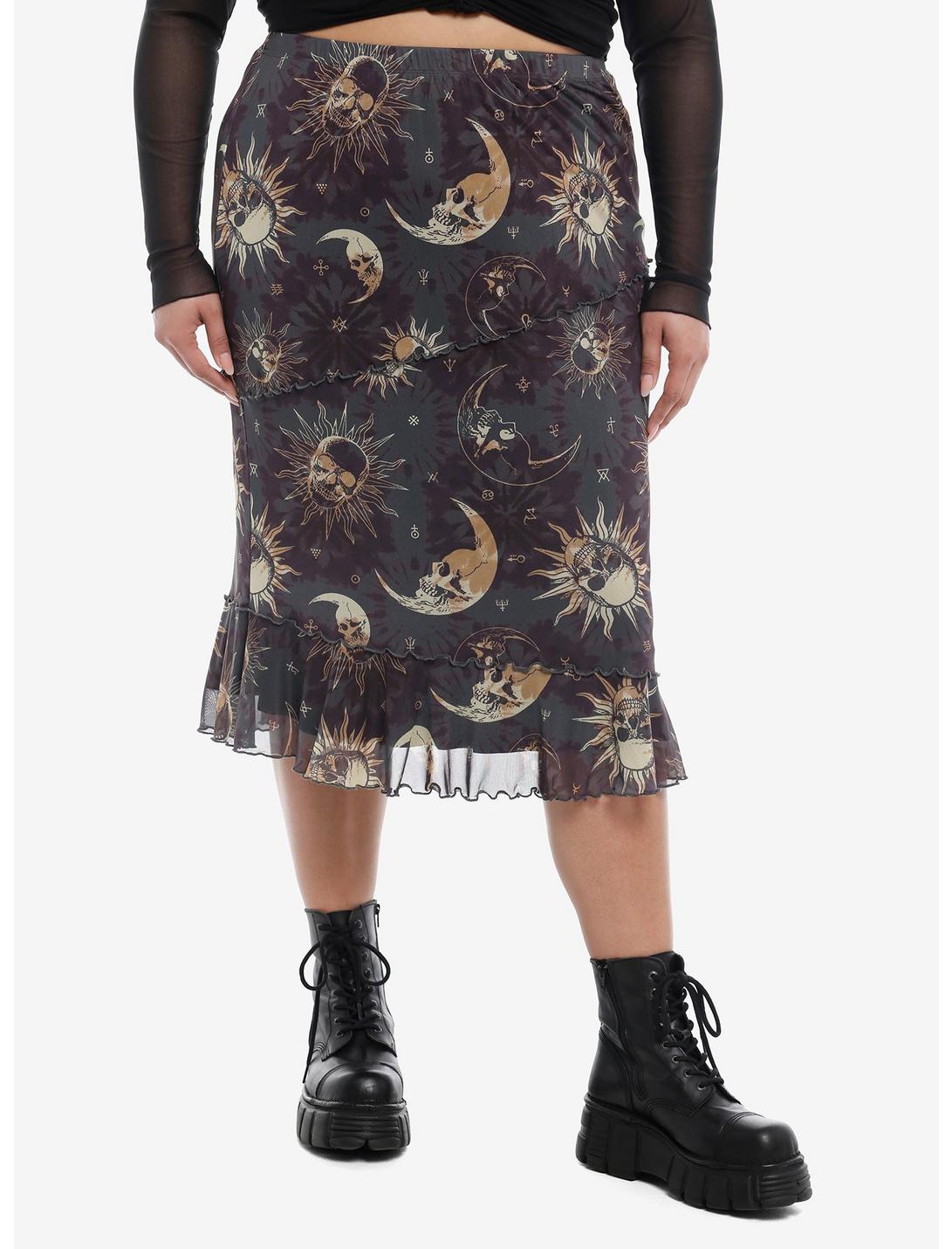 Cosmic Aura® Celestial Skull Asymmetrical Midi Skirt Plus Size, GOLD, hi-res