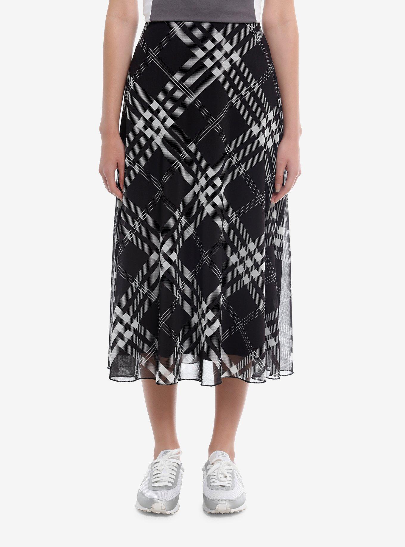 Social Collision® Black & White Plaid Mesh Midi Skirt