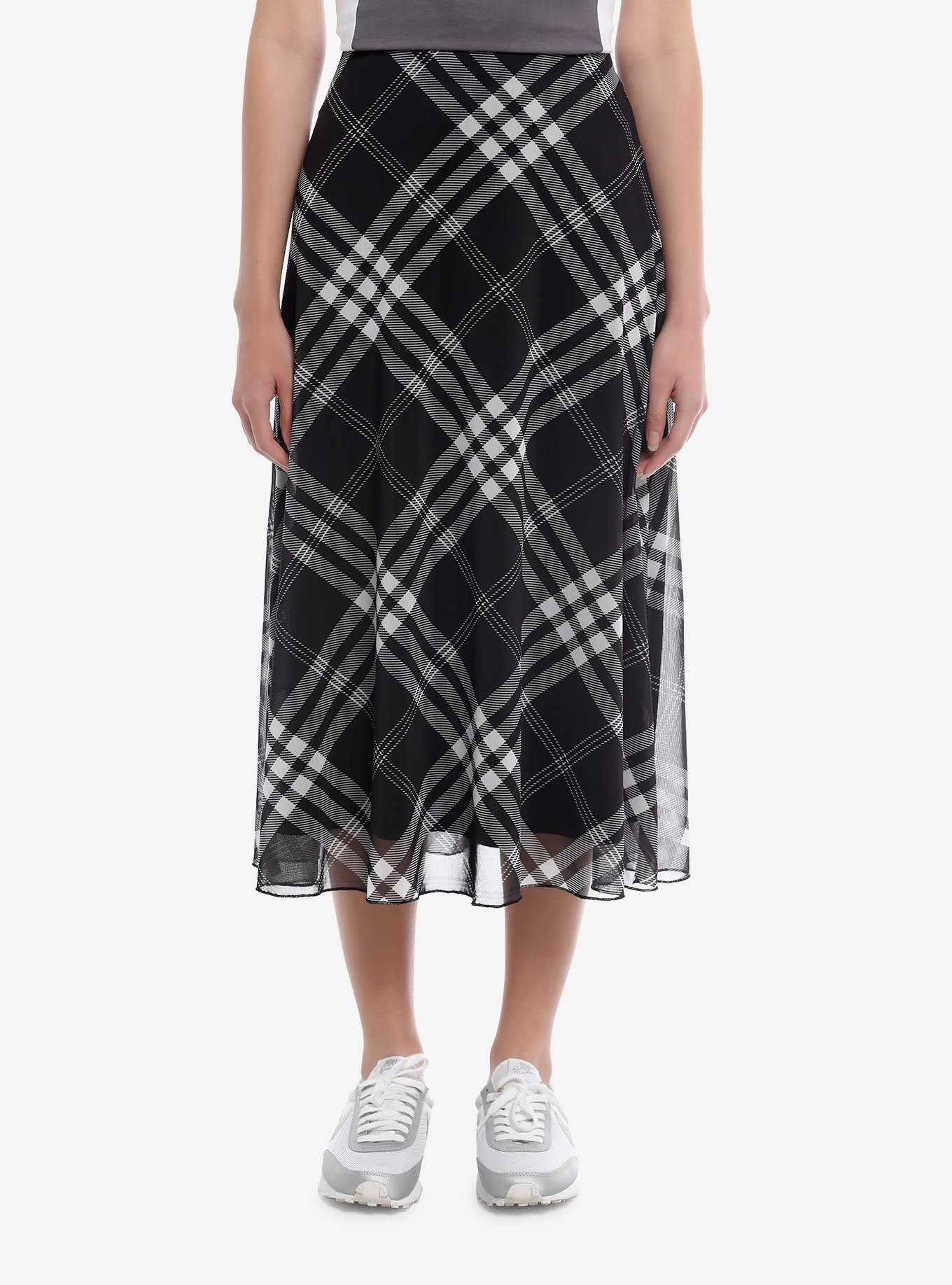 Social Collision® Black & White Plaid Mesh Midi Skirt, , hi-res