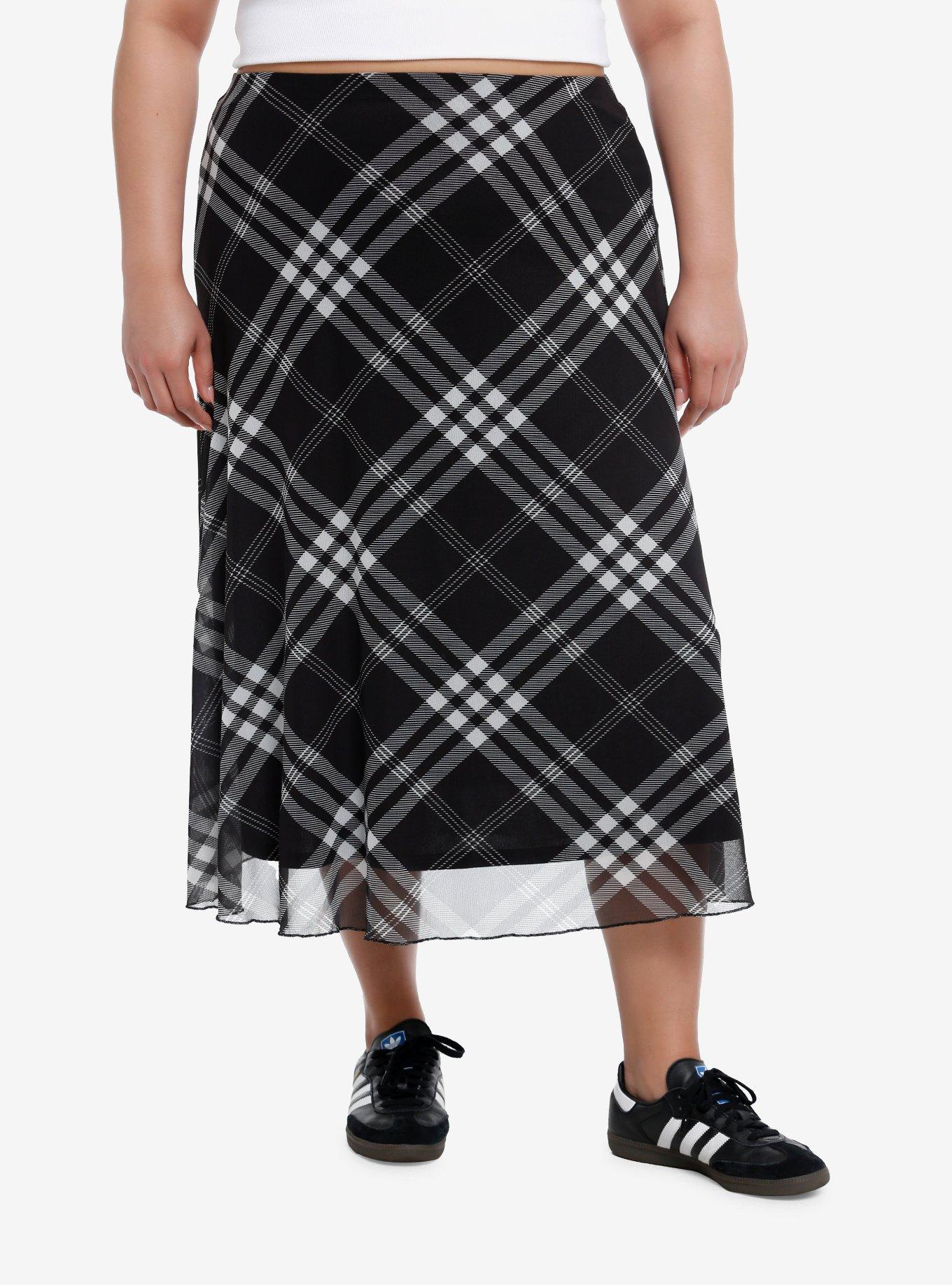 Social Collision® Black & White Plaid Mesh Midi Skirt Plus Size, , hi-res