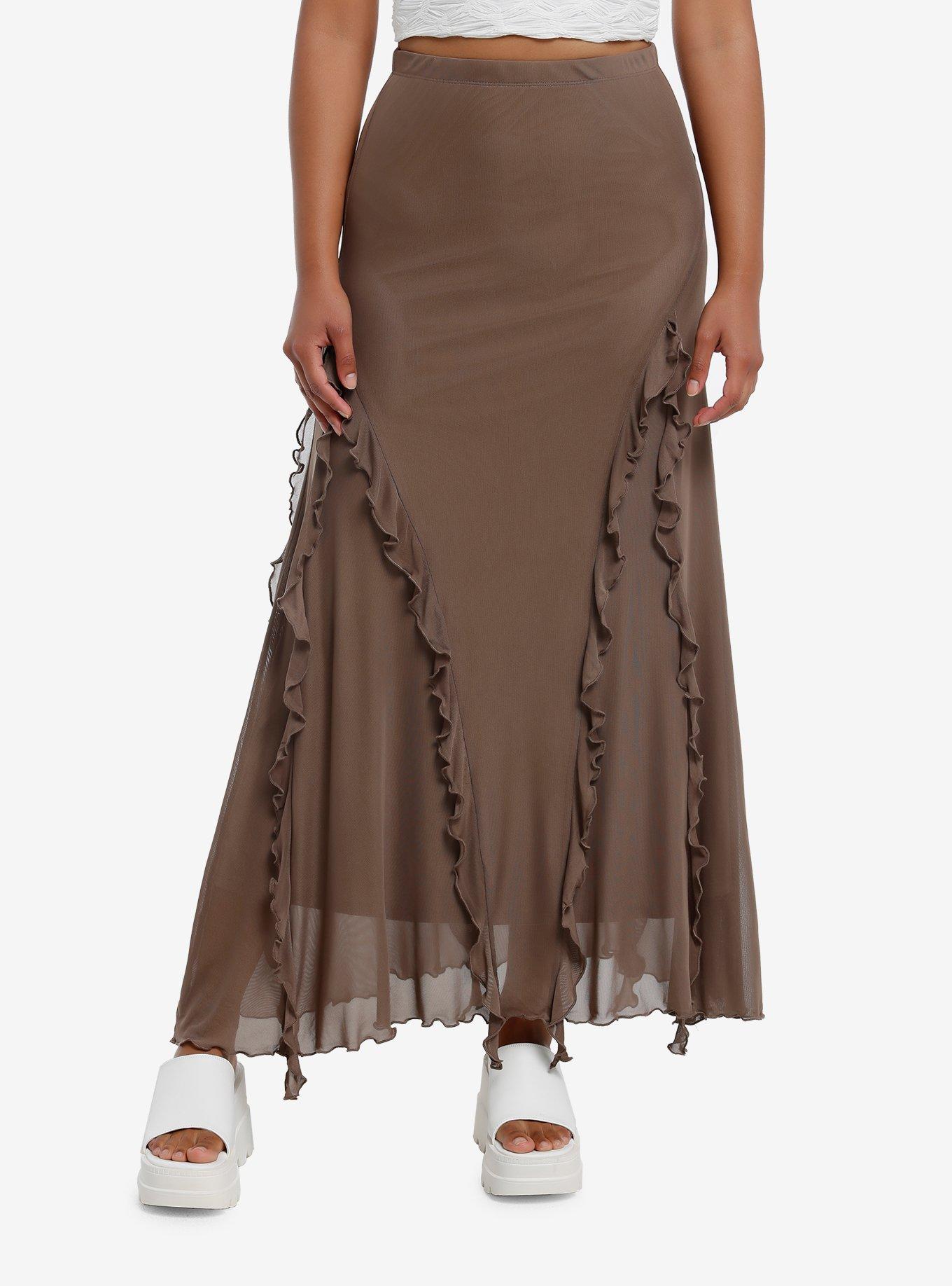 Thorn & Fable Brown Ruffle Maxi Skirt, BROWN, hi-res