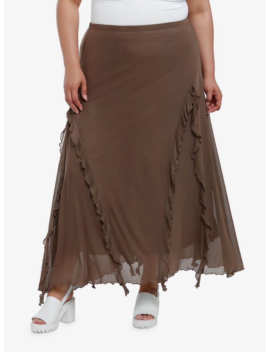 Thorn & Fable Brown Ruffle Maxi Skirt Plus Size, BROWN, hi-res