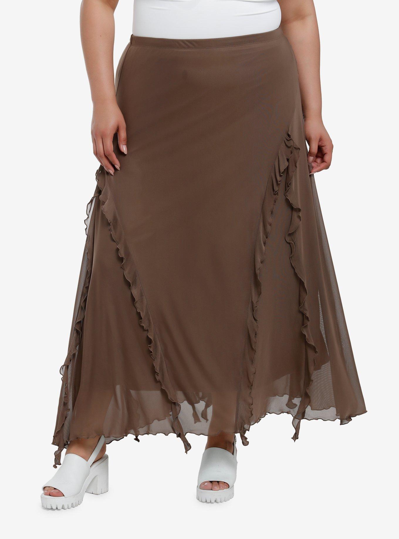Thorn & Fable Brown Ruffle Maxi Skirt Plus Size, , hi-res
